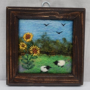 Small needle felted framed picture, landscape with sheep