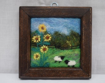 Small needle felted framed picture, landscape with sheep