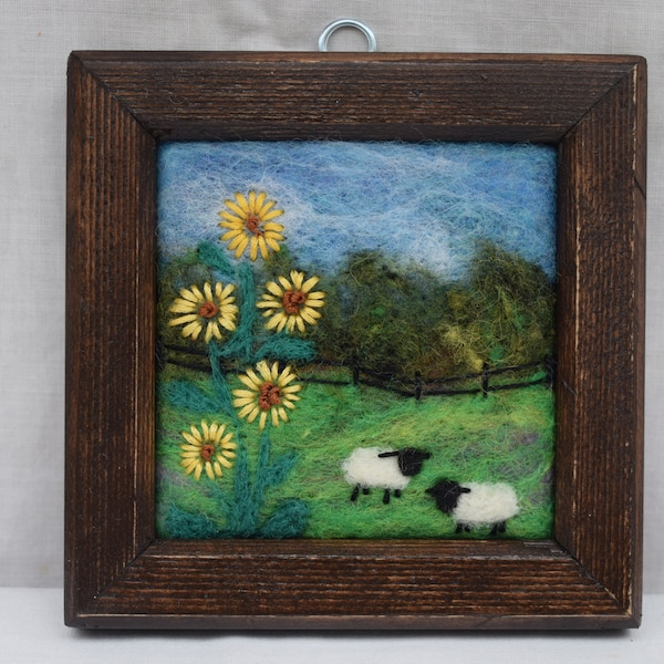 Small needle felted framed picture, landscape with sheep