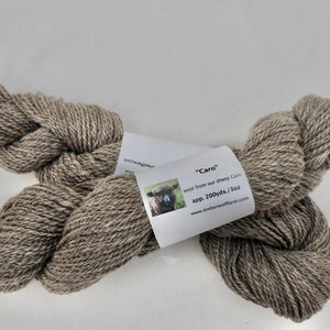Könnte beinhalten: Zwei Knäuel braunes Wollgarn mit der Aufschrift "Caro" Wolle von unserem Schaf Caro, ca. 200 Yards / 3 oz www.timberwolffarm.com