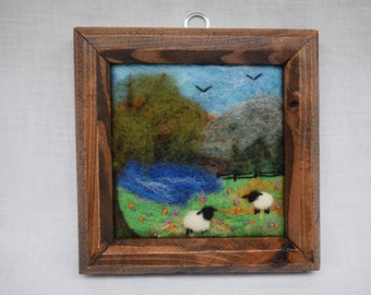 Small needle felted framed picture, landscape with sheep