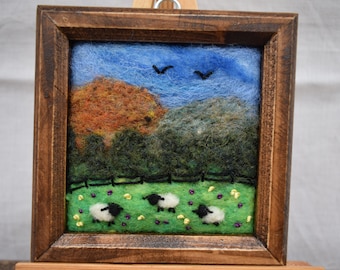 Small needle felted framed picture, landscape with sheep