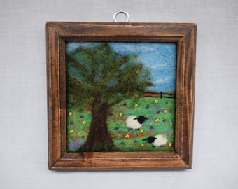 Small needle felted framed picture, landscape with sheep