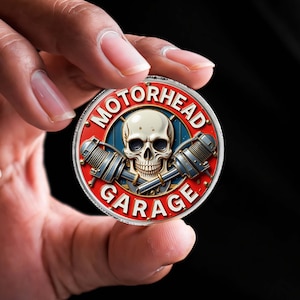 Motorhead Garage Metal Coin, Skull Engine Challenge Coin, Biker Gift, Mechanic Keepsake Collectible Coin