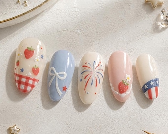 Strawberry Fireworks Press On Nails Almond Fake Nails Reusable Gel Nails Set Cute Patriotic Summer Nails USA Nails