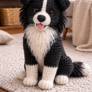Puede incluir: Un perro de ganchillo hecho a mano en posición sentada. El perro es blanco y negro, con pecho, patas y una raya en la cara blancas. Tiene la lengua rosa y está sentado sobre una alfombra de color claro.