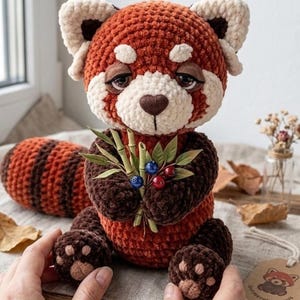 May include: A handmade crochet red panda plush toy. The plush has a reddish-brown body, a white face, and dark brown paws. It holds a small bouquet of bamboo and berries. The toy is approximately 25 cm tall.