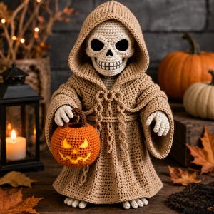 Haakpatroon voor een Grim Reaper, Halloween amigurumi skeletpop, griezelige decoratie (PDF-patroon)