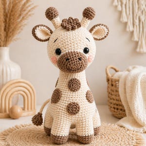 May include: A handcrafted crochet giraffe toy in cream and brown. The giraffe features brown spots, a brown snout, and small ears. The toy is sitting on a round, woven mat. The giraffe is a soft, plush toy.