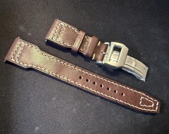 Handmade Brown Leather Calf Skin Watch Strap with Deployment Buckle (Pilot Style)