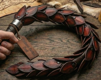 Dragon Scale Flogger | Handcrafted Leather Impact Play Toy | Crimson & Brown Wyrm Scales | Artisan BDSM Gear | LARP Prop