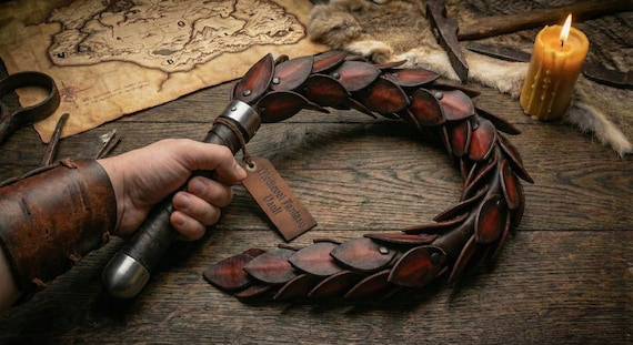 Dragon Scale Flogger | Handcrafted Leather Impact Play Toy | Crimson & Brown Wyrm Scales | Artisan BDSM Gear | LARP Prop