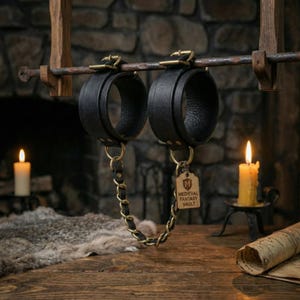 Puede incluir: Grilletes de cuero negro con herrajes de color latón suspendidos de una viga de madera. Una cadena de latón conecta los grilletes, y una etiqueta de madera dice "Medieval Fantasy Vault". La escena está ambientada con velas y un fondo de piedra.