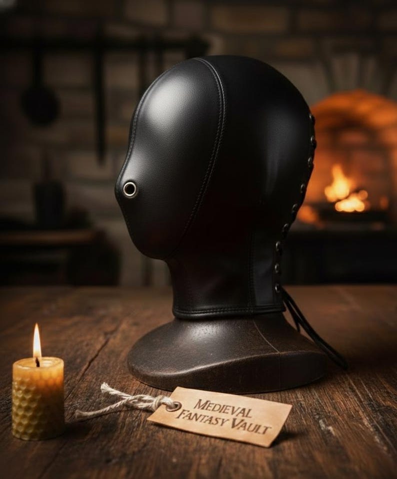 May include: A black leather hood with a metal eyelet and lace-up detailing. The hood sits on a dark brown base, with a lit candle and a tag that reads "Medieval Fantasy Vault". The background features a fireplace and wooden table.