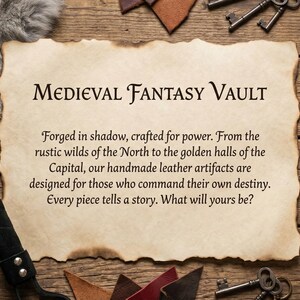 May include: An overhead shot of a rustic wooden table with various medieval-themed items. A scroll with the text "Medieval Fantasy Vault" is centered. Items include a black leather whip, keys, a candle, and a red leather wrist cuff.