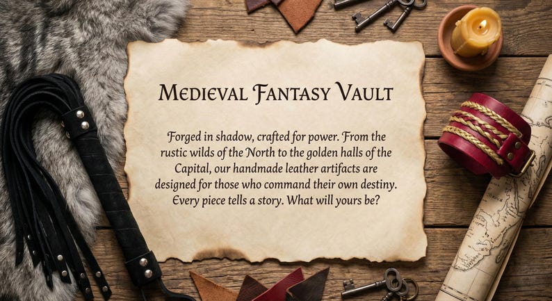 May include: An overhead shot of a rustic wooden table with various medieval-themed items. A scroll with the text "Medieval Fantasy Vault" is centered. Items include a black leather whip, keys, a candle, and a red leather wrist cuff.