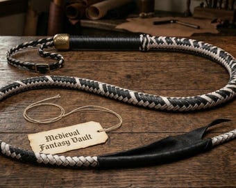Handcrafted BDSM Bullwhip – Black & White Leather Plait, 4ft-8ft, Heavy Duty – Fantasy Leather Whip with Antique Brass Butt Cap,