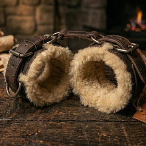 Puede incluir: Grilletes de cuero marrón con un interior suave de color crema. Los grilletes están conectados por anillos y hebillas de metal. Una pequeña etiqueta de cuero dice "Medieval Fantasy Vault".