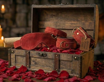 Luxury Bondage Kit | Suede Medieval Fantasy Collar, Leash, Blindfold & Cuffs Set | Available in 8 Colors | Luxury Valentine’s Gift Box