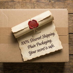 May include: A brown cardboard box with a scroll and a lit candle on a wooden surface. The scroll is sealed with red wax and reads "100% Discreet Shipping. Plain Packaging. Your secret is safe."
