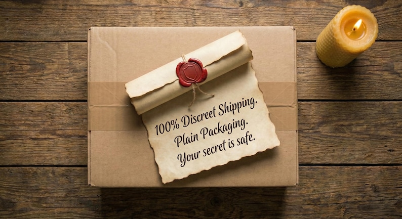 May include: A brown cardboard box with a scroll and a lit candle on a wooden surface. The scroll is sealed with red wax and reads "100% Discreet Shipping. Plain Packaging. Your secret is safe."