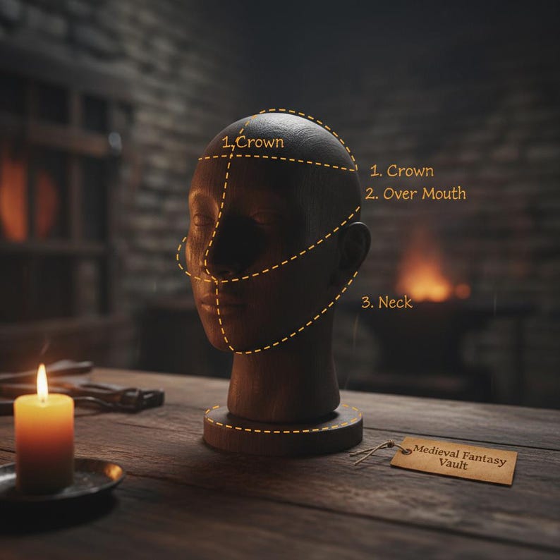 May include: A wooden mannequin head with a tag that reads "Medieval Fantasy Vault" sits on a wooden table. A lit candle and a metal object are also on the table. The head has dotted lines indicating sections labeled "Crown", "Over Mouth", and "Neck".