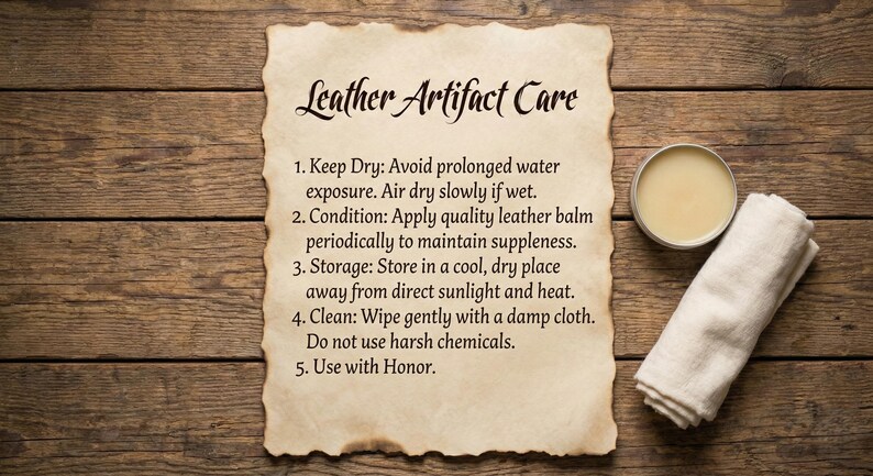 May include: Image of a parchment with "Leather Artifact Care" instructions, a tin of balm, and a folded cloth on a wooden surface. The instructions advise on drying, conditioning, storage, and cleaning leather items. The balm is in a silver tin, and the cloth is white.