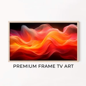 May include: A framed artwork featuring an abstract design of flowing, layered forms in shades of red, orange, and yellow. The artwork is set against a black background, with the text "PREMIUM FRAME TV ART" at the bottom.