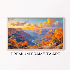 Puede incluir: Pintura enmarcada de un paisaje de cañón al atardecer. La obra presenta un río que serpentea por el cañón, con formaciones rocosas naranjas y rojas. El cielo está lleno de nubes y colores cálidos. El texto en la parte inferior dice "PREMIUM FRAME TV ART."