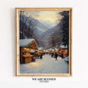 Snowy Alpine Christmas Market Art - Wintery Festive Wall Decor, Rustic Holiday Scene, Cozy Market Lights, Printable Download
