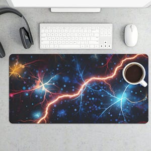 Electric Blue Lightning Mousepad | Cosmic Neural Energy Desk Mat XL