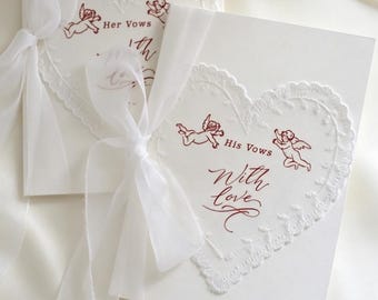 Handmade Cupid Lace Wedding Vow Books Set of 2, Romantic Bridal Keepsake for Newlyweds & Engagement