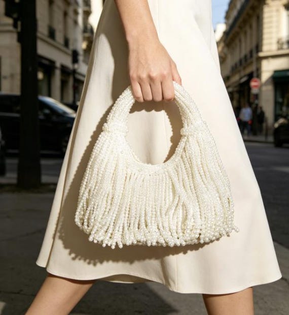 Elegant Pearl Fringe Evening Bag, Handmade Beaded Bridal Purse for