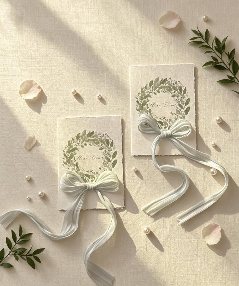May include: Two wedding vow cards with a green wreath design and the text "Her Vows". Each card has a light blue ribbon tied in a bow. Scattered around are pearls, rose petals, and greenery.
