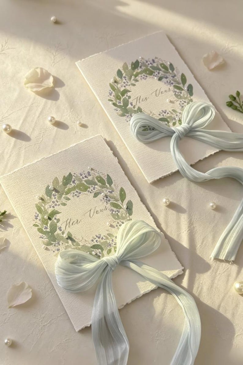 May include: Two ivory-colored cards with watercolor floral wreath designs and the text "Her Vows". Each card is adorned with a light blue ribbon bow and scattered pearls, creating an elegant, romantic aesthetic.