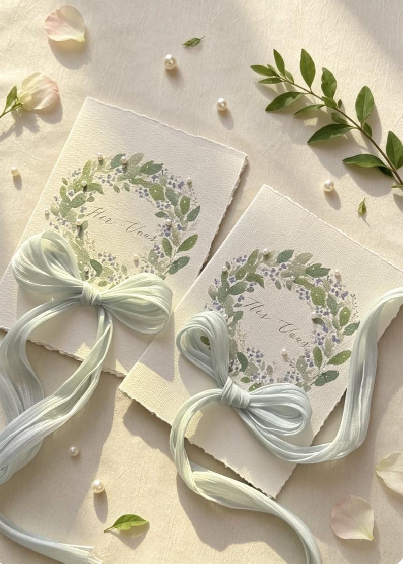 May include: Two invitation cards with watercolor floral wreaths and the text "Her Vous". Each card is adorned with a light blue ribbon bow. Scattered pearls and greenery add to the elegant design.