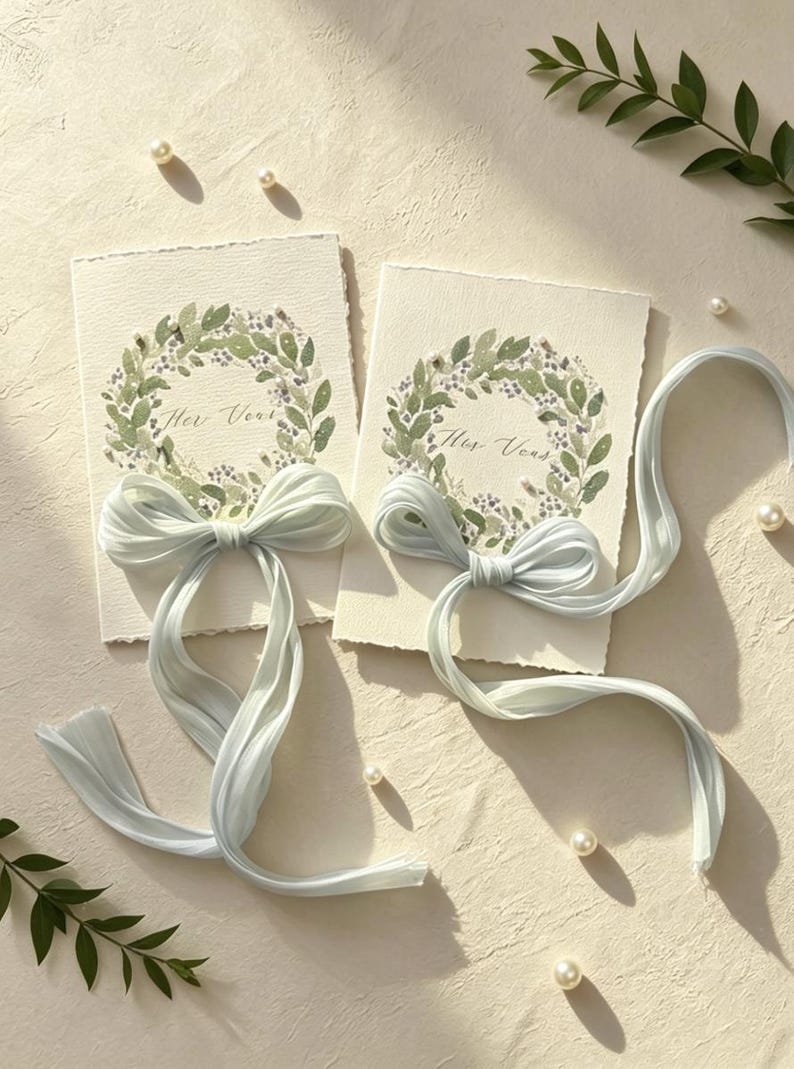 May include: Two wedding cards with watercolor floral wreaths and the text "Her Vows". Each card is adorned with a light blue ribbon bow. Scattered pearls and greenery add to the elegant, romantic aesthetic.