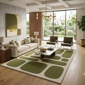 May include: A rectangular area rug featuring a cream-colored base with a geometric pattern of rounded olive green shapes. The rug is positioned in a living room setting, centered beneath a white marble coffee table with a gold bowl on top.