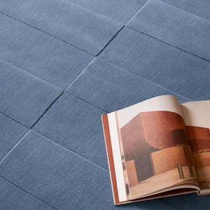 May include: A blue area rug with a textured, rectangular grid pattern composed of stitched panels. An open book featuring a photograph of a large, curved, reddish-brown architectural structure is placed on the surface of the blue rug.