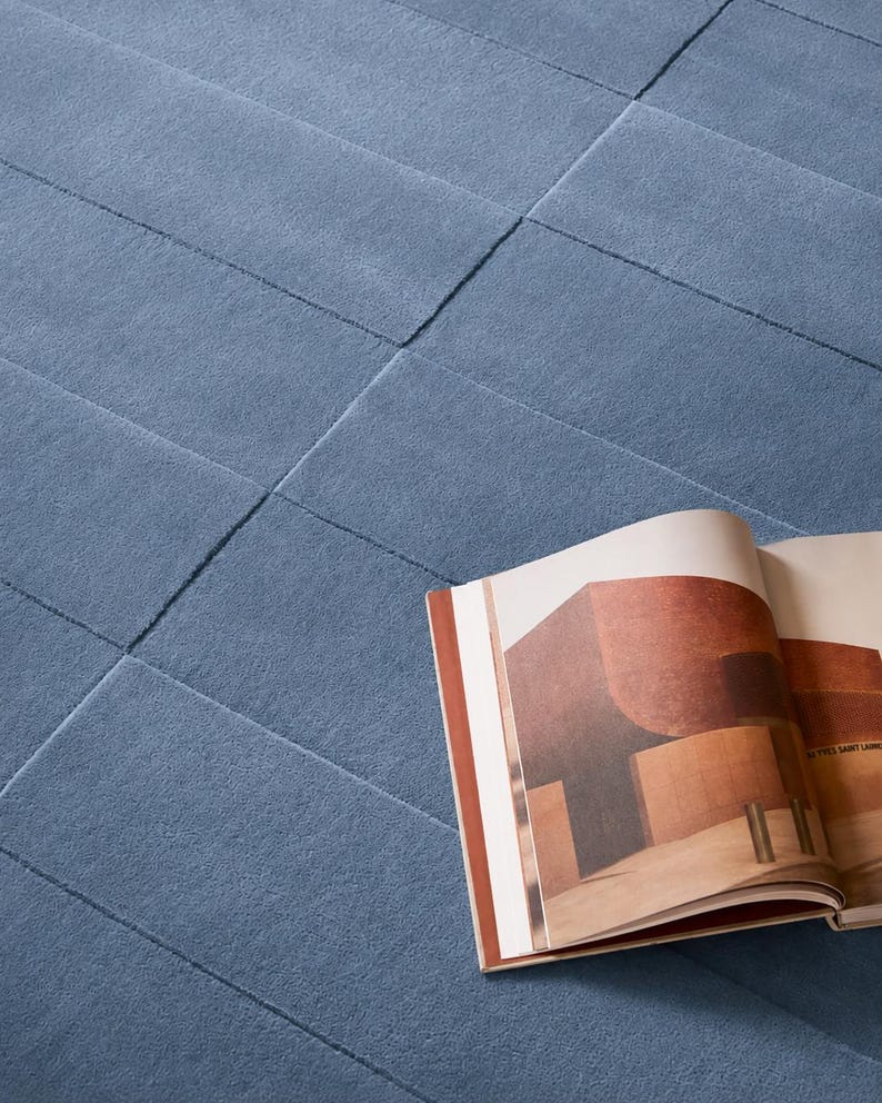May include: A blue area rug with a textured, rectangular grid pattern composed of stitched panels. An open book featuring a photograph of a large, curved, reddish-brown architectural structure is placed on the surface of the blue rug.