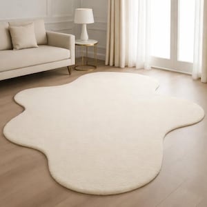 May include: An off-white area rug with an irregular, organic, cloud-like shape and a soft, plush texture. The rug is positioned on a light-colored wooden floor, featuring smooth, rounded edges that create a distinct, non-rectangular silhouette.