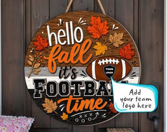 Hello Fall It's Football Time Door Decor, Fall Welcome Door Hanger, Personalized America Football Autumn Welcome Sign, Game Day Decor