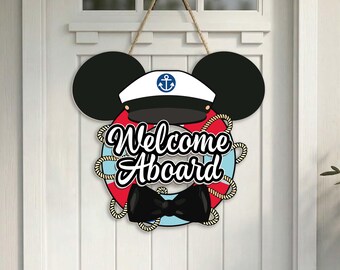 Personalized Mickey Cruise Front Door Sign, Mickey Welcome Door Hanger, Welcome Aboard Wreath