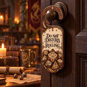 May include: A wooden door hanger featuring a carved dragon at the top and the text Do Not Disturb Rolling. Below the text is a detailed illustration of various polyhedral dice, including a twenty-sided die, hanging on a dark wooden door knob.