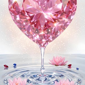 以下が含まれることがあります： 水面に浮かぶ2つのピンクの蓮の花と、その周囲に散らばる小さな赤と青の宝石。水面には同心円状の波紋が広がり、その上空には大きなファセットカットが施されたハート型のピンクの宝石が浮かんでいます。