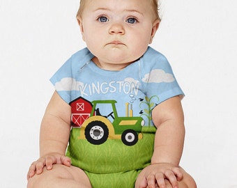 Farm Baby Outfit, Personalized Green Tractor Boy's Snap-Shirt, Custom Baby Boy Clothing