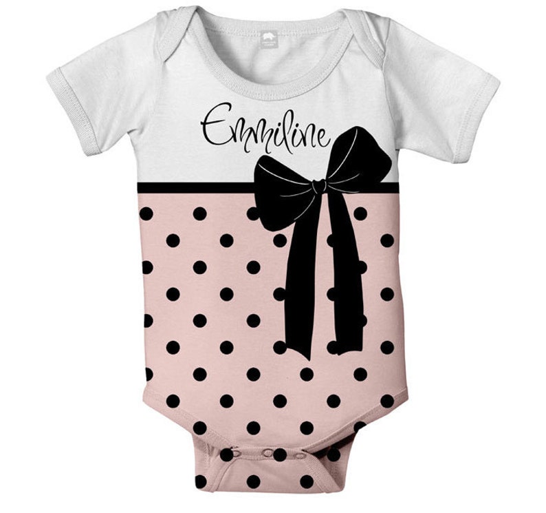 Personalized Baby Girl Shirt Pink Polka Dot Bow Snapsuit Etsy