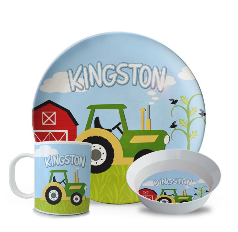 Personalized Melamine Plate Set Boys Green Tractor Plate Set Etsy