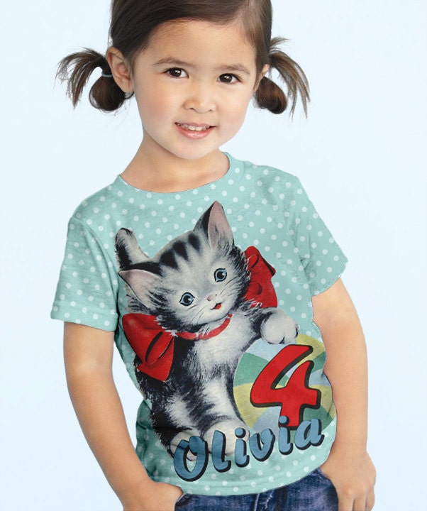 Girls Kitty Shirt Personalized Cat Birthday Tshirt Aqua Red Etsy