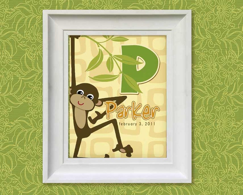 Nursery Decor Wall Art 8x10 Monkey Personalized Print Baby Etsy
